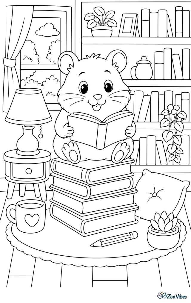 A hamster reading on a stack of books with shelves of books behind and a lamp