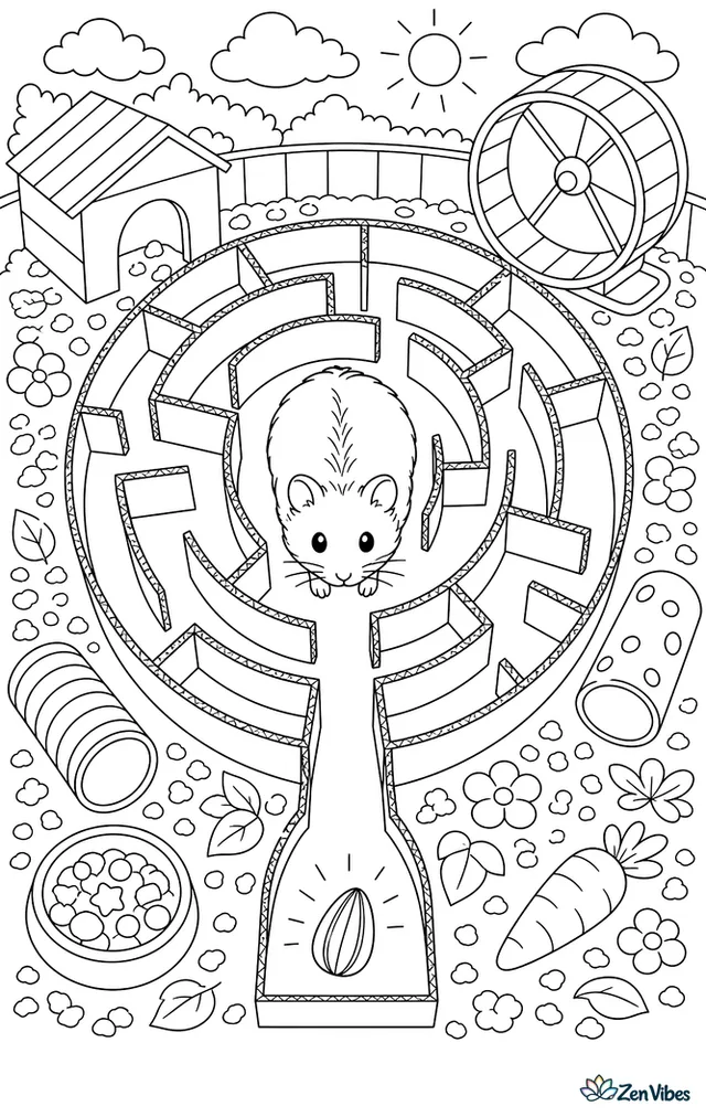A top view of a hamster in a cardboard maze with a sunflower seed at the exit
