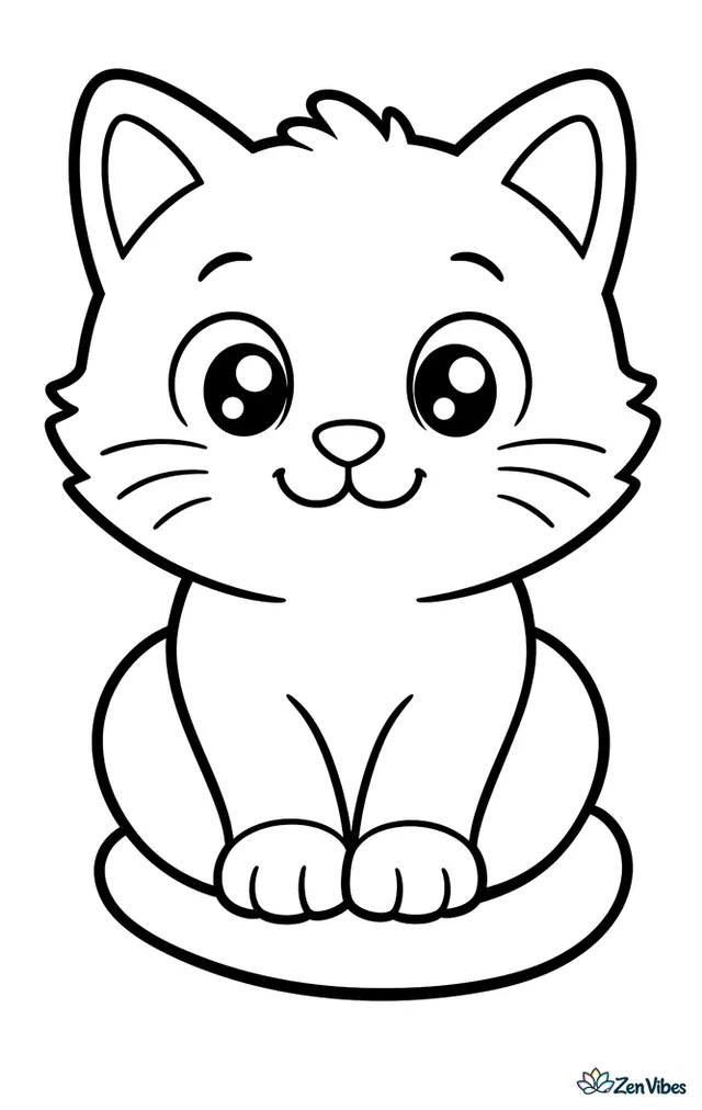 A small round kitten sitting with its paws together and its tail curled around its feet, no background