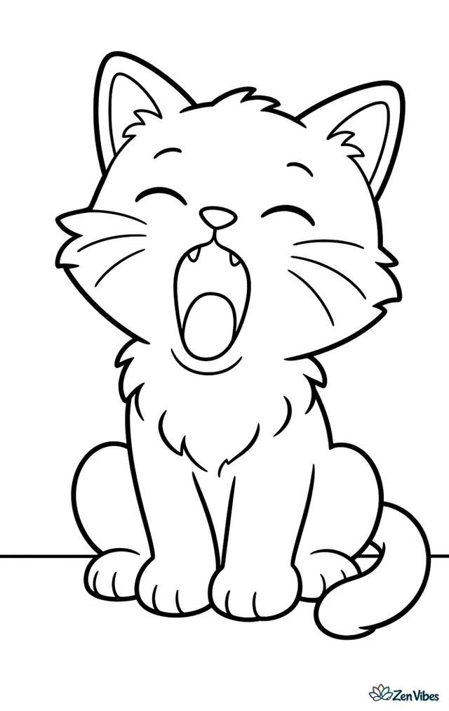 A kitten with its mouth wide open in a yawn and eyes squeezed shut, sitting on a plain ground line