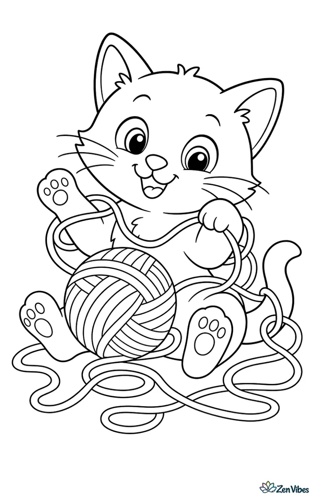 A kitten tangled in a loose ball of yarn with the thread looping around its paws