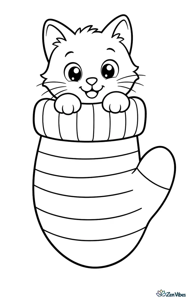 A kitten peeking out of the top of a big knitted mitten with a simple stripe pattern