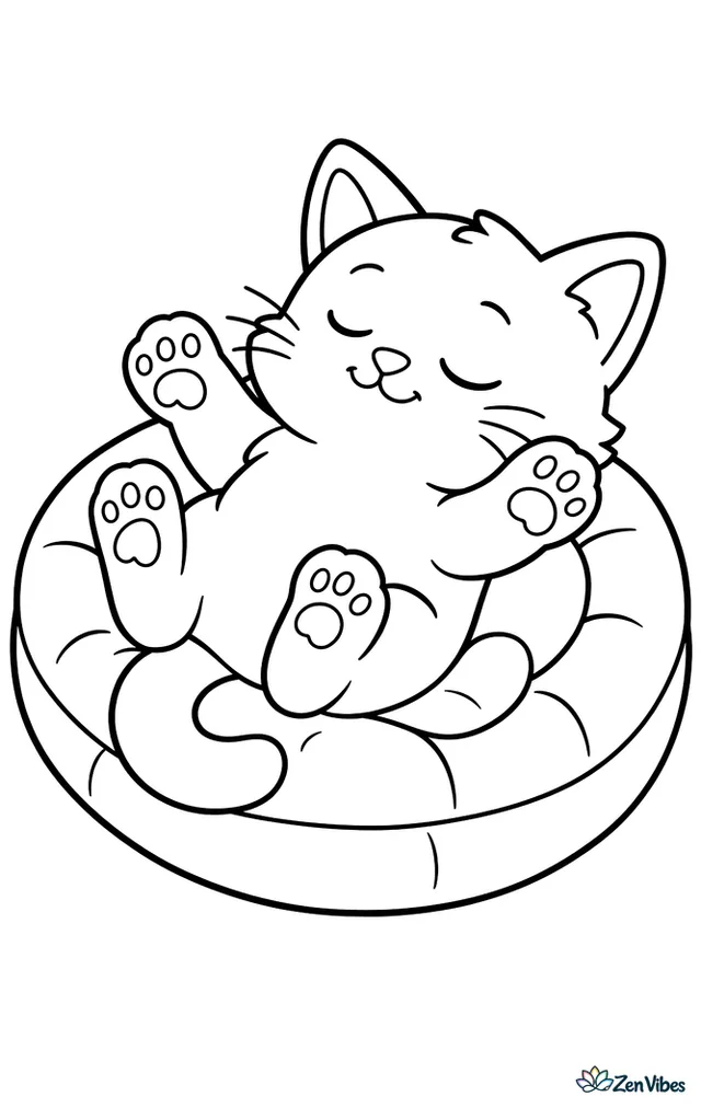 A kitten sleeping on its back with all four paws in the air on a small round cushion