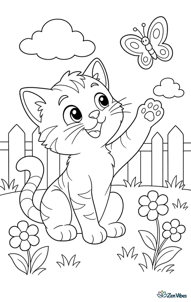 A kitten sitting up and reaching one paw toward a butterfly, with a few flowers in the grass around it
