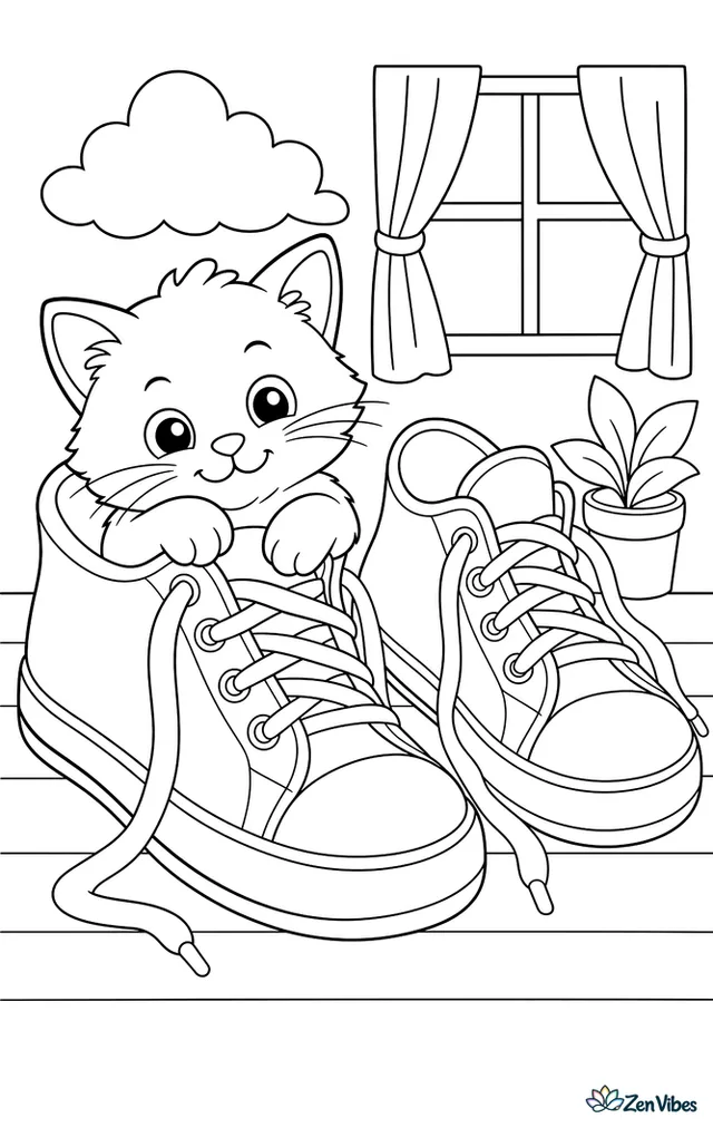 A kitten curled up inside a large sneaker with its laces undone, next to a second shoe