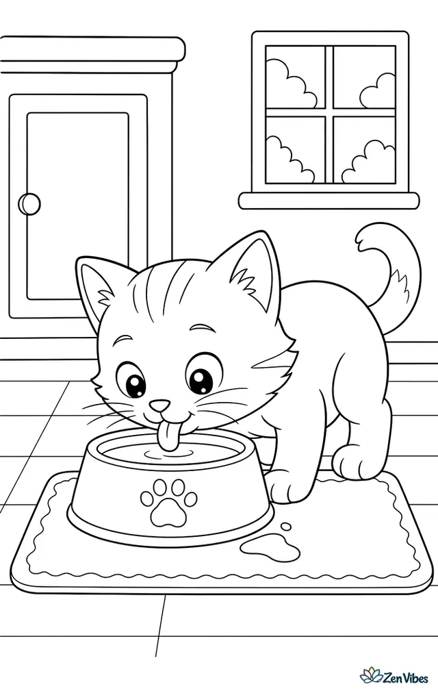 A kitten lapping from a bowl on a kitchen mat with a spilled drop, a cupboard door behind, and a small window