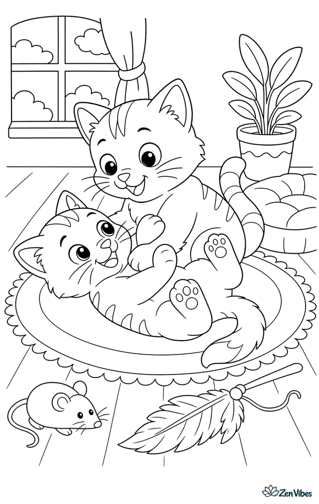 Two kittens wrestling on a rug with a toy mouse and a feather toy nearby