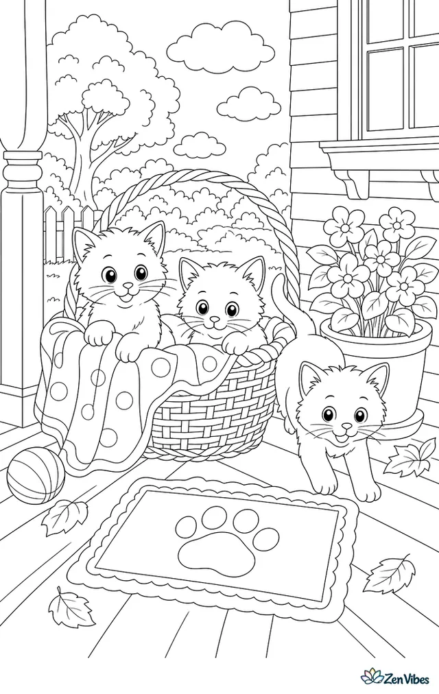 Three kittens in a wicker basket with a blanket, one climbing out, on a porch with a potted plant and a doormat