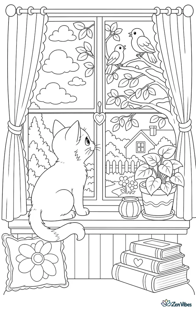 A kitten sitting on a window sill watching birds on a branch outside, with curtains, a plant, and clouds