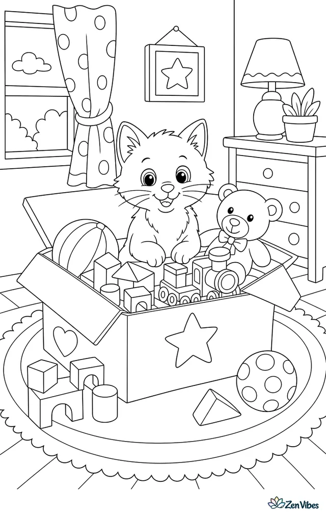 A kitten sitting in an open toy box full of blocks, a ball, a toy train, and a teddy bear, in a bedroom corner with a rug
