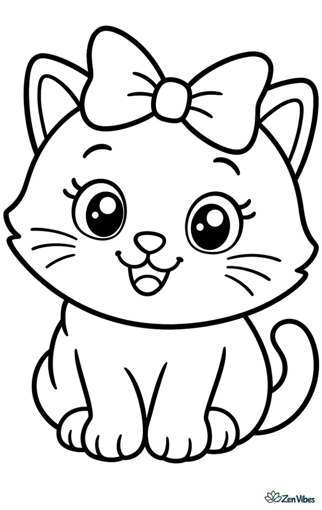 A round kitten sitting up wearing a big bow on its head