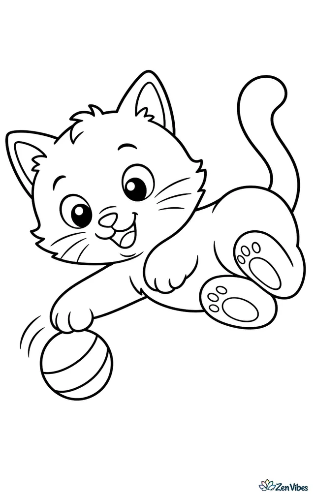 A kitten on its side batting a small ball with one paw