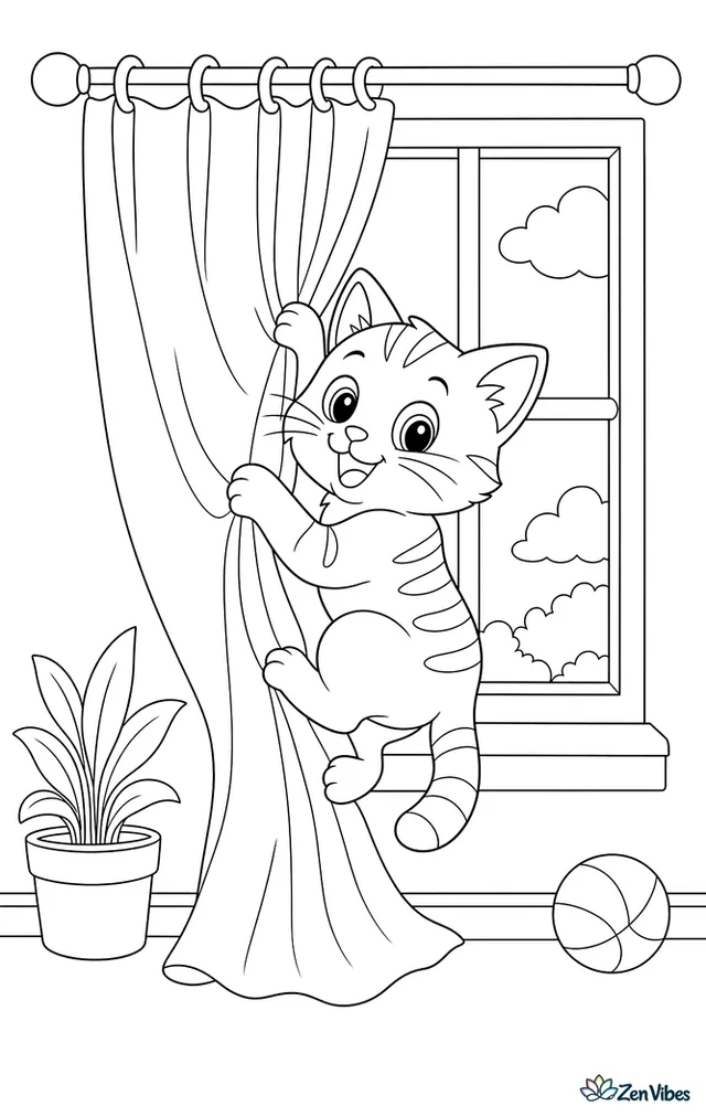 A kitten halfway up a curtain holding on with all four paws, a window behind