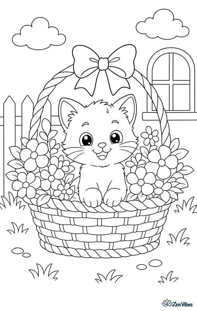A kitten sitting in a basket full of flowers with a ribbon on the handle