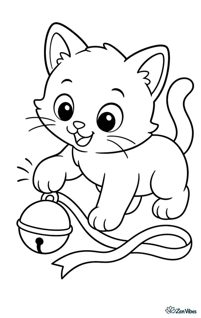 A kitten pawing at a round bell on a ribbon lying on the floor