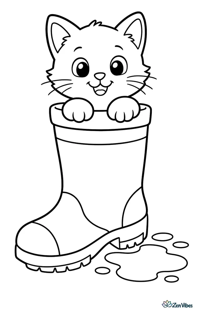 A kitten sitting inside a tall rain boot with its head and paws showing, a puddle beside it