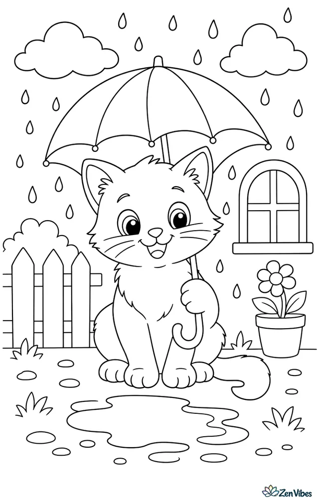 A kitten sitting under a small umbrella with rain falling around it and a puddle in front