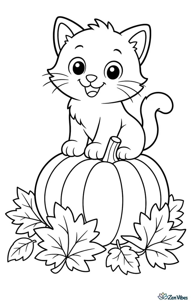 A kitten sitting on top of a big pumpkin surrounded by fallen leaves