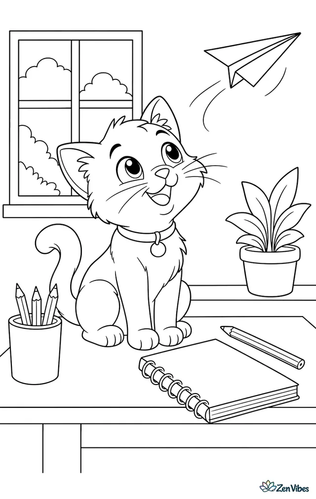 A kitten looking up at a paper airplane flying past, sitting on a desk with pencils and a notebook