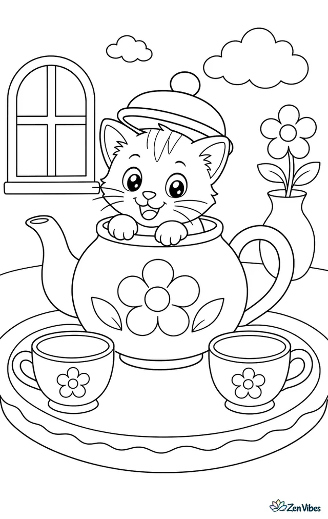 A kitten's head popping out of a teapot lid on a tea tray with two cups