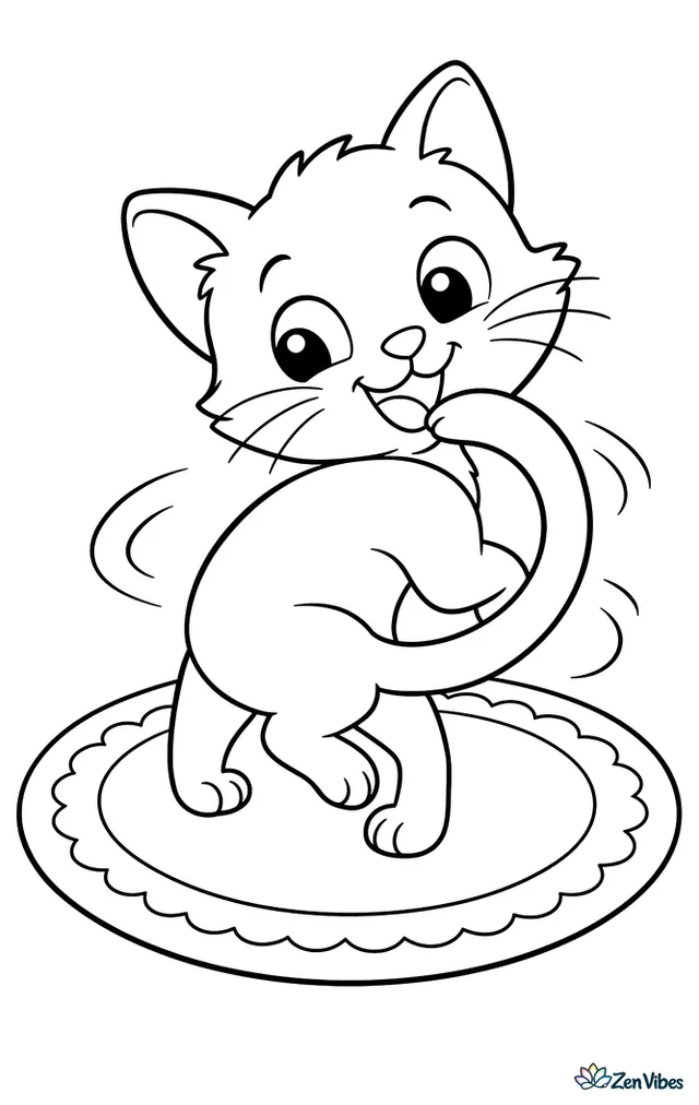 A kitten spinning in a circle chasing its own tail on a round rug