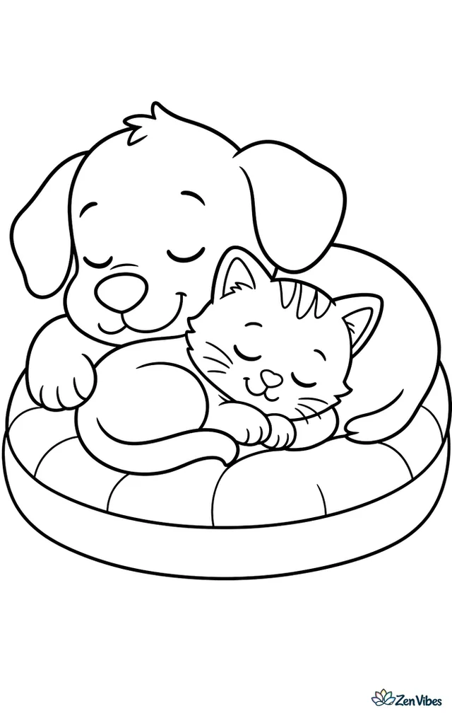 A kitten and a puppy asleep together on a cushion, the kitten curled against the puppy
