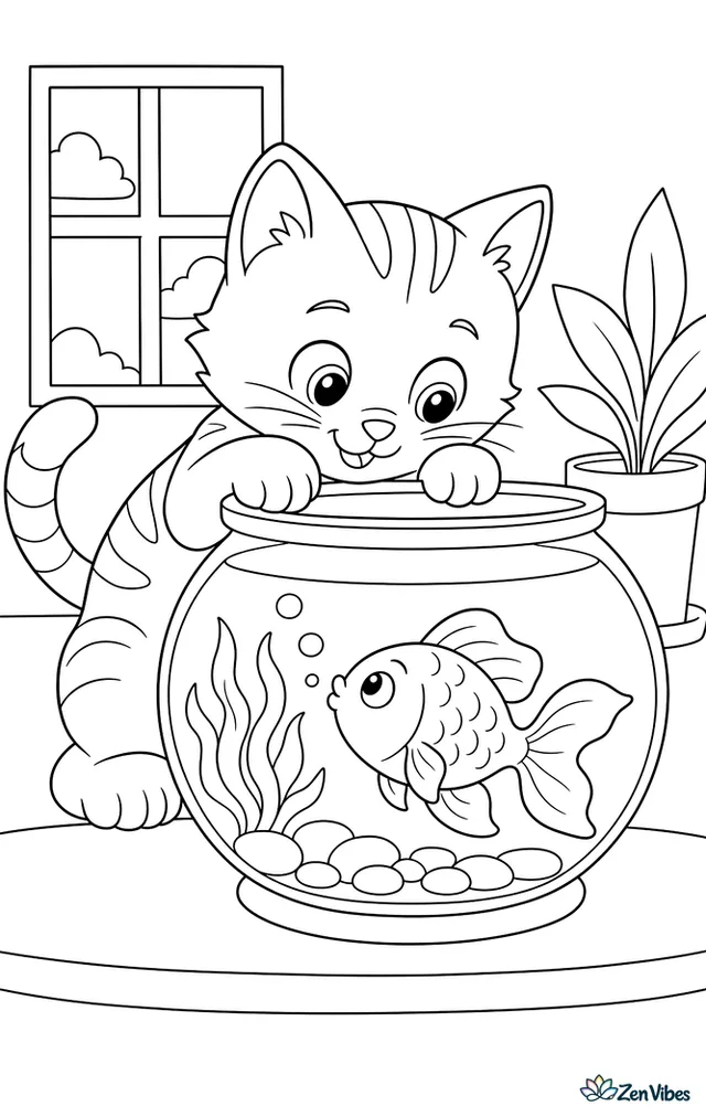 A kitten peering into a goldfish bowl with a goldfish looking back