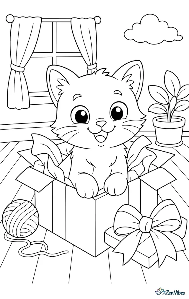 A kitten sitting in an open gift box with tissue paper and a bow beside it