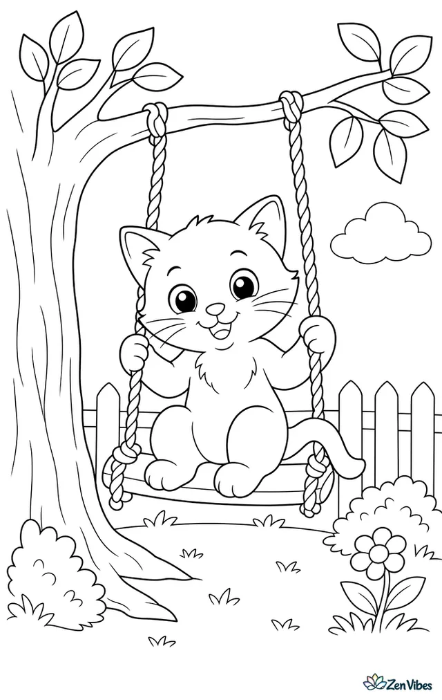 A kitten sitting on a small rope swing hanging from a tree branch with leaves around