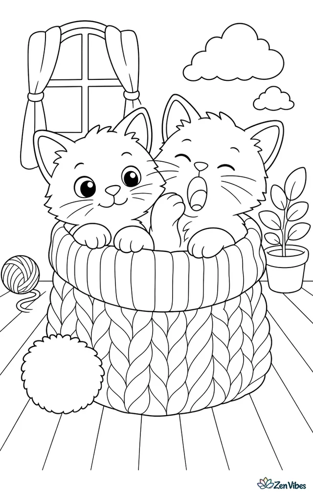 Two kittens squeezed into an upside-down woolly hat, one yawning