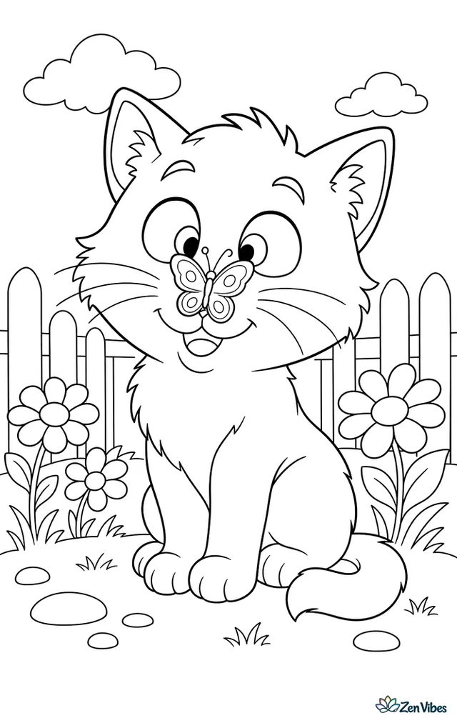 A kitten going cross-eyed looking at a butterfly resting on its nose, flowers around