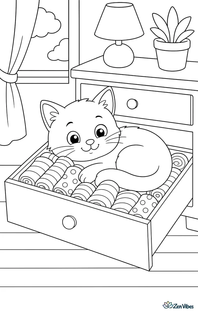A kitten curled up in an open drawer full of rolled socks