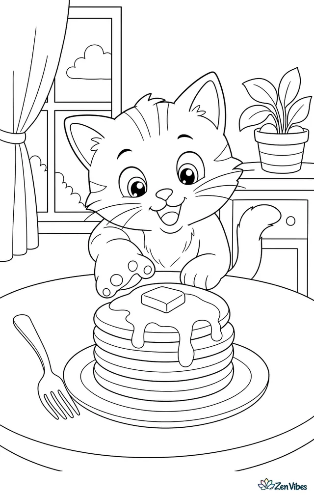 A kitten on a kitchen table reaching for a stack of pancakes with syrup and a fork nearby