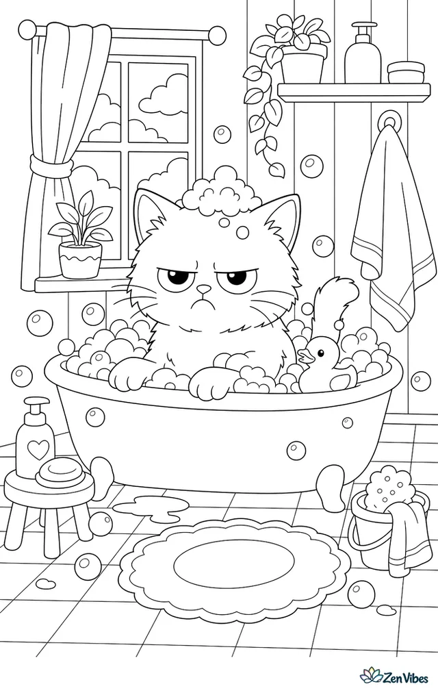 A grumpy kitten sitting in a small tub with bubbles, a rubber duck, and a towel hanging nearby