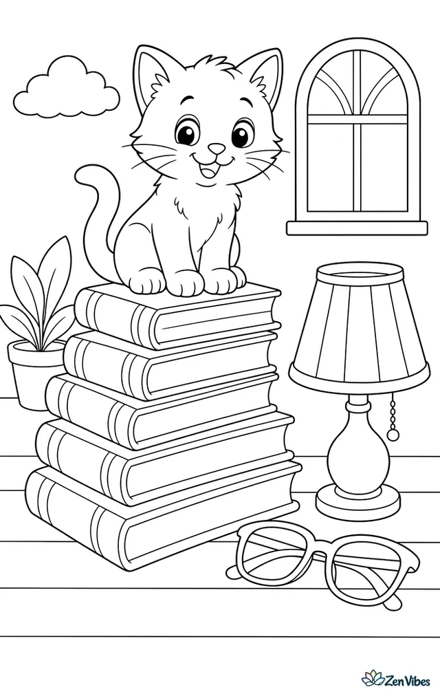 A kitten perched on a tall stack of books beside a lamp and a pair of glasses