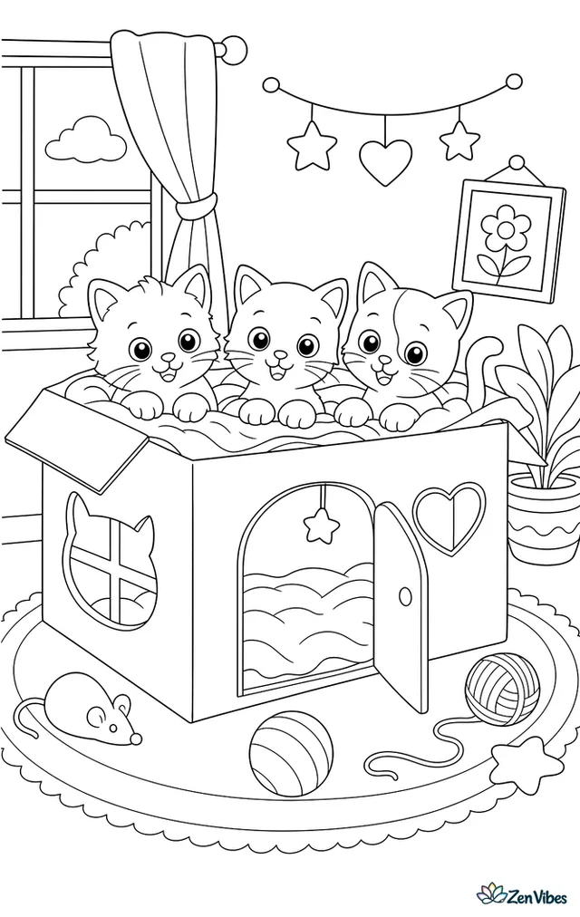 Three kittens in a shoebox with cut-out windows and a door, a blanket inside