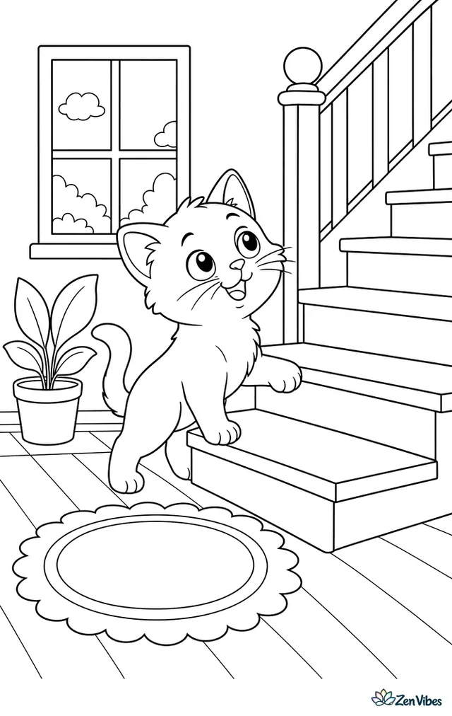 A kitten with one paw on the first step of a staircase looking up, a rug and a plant at the bottom