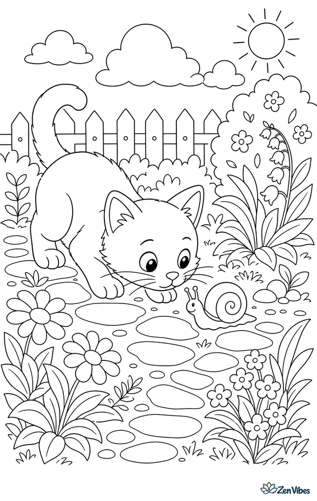 A kitten crouched low sniffing a snail on a garden path with flowers and a fence