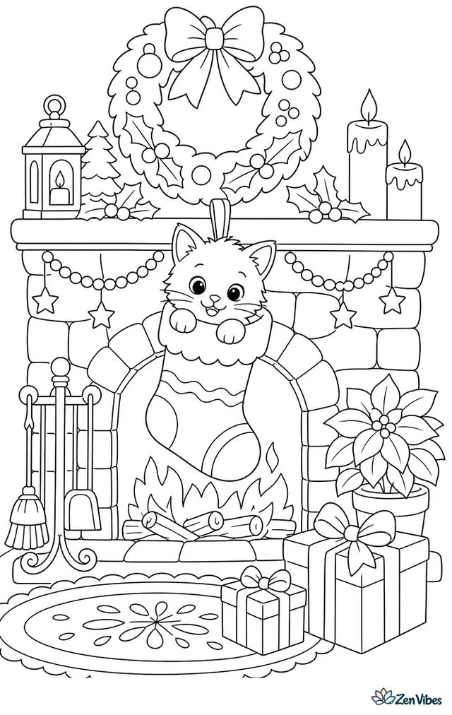A kitten peeking out of a hanging stocking by a fireplace with a wreath above