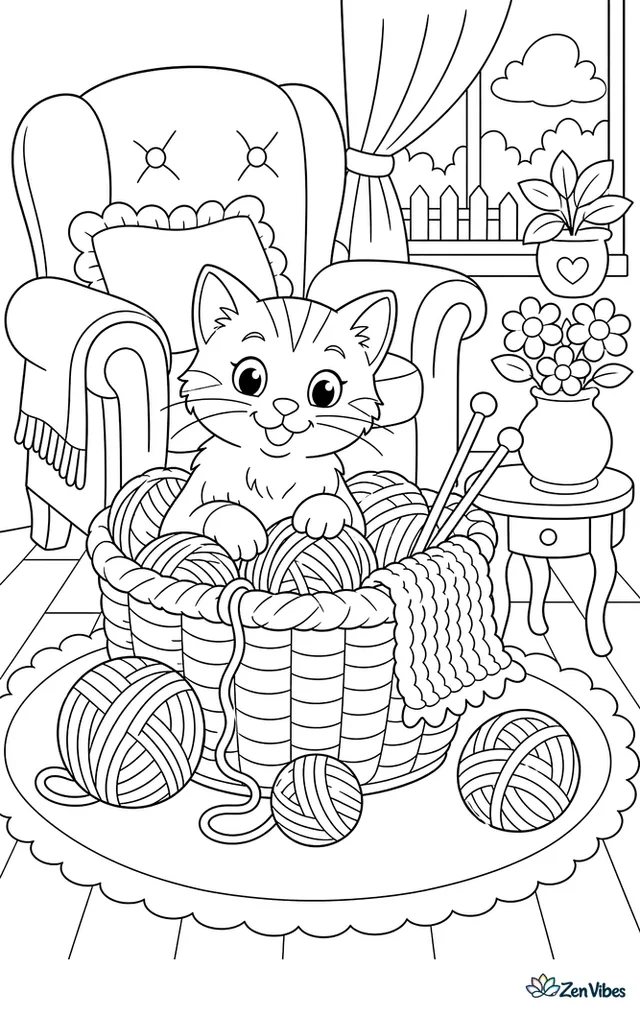A kitten sitting in a knitting basket with needles and balls of wool spilling out, an armchair behind