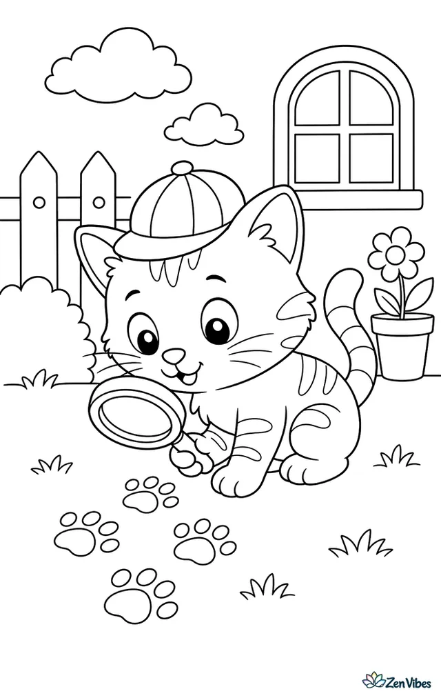 A kitten with a small hat looking through a magnifying glass at paw prints on the floor