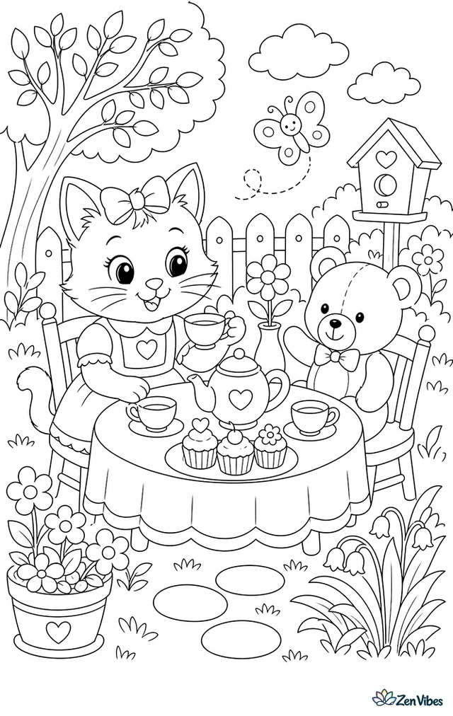 A kitten sitting at a little table set with a teapot, cups, cupcakes, and a teddy bear guest