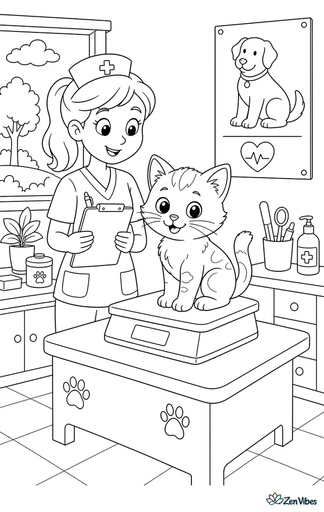 A kitten on a scale at the vet with a nurse holding a clipboard and a poster on the wall