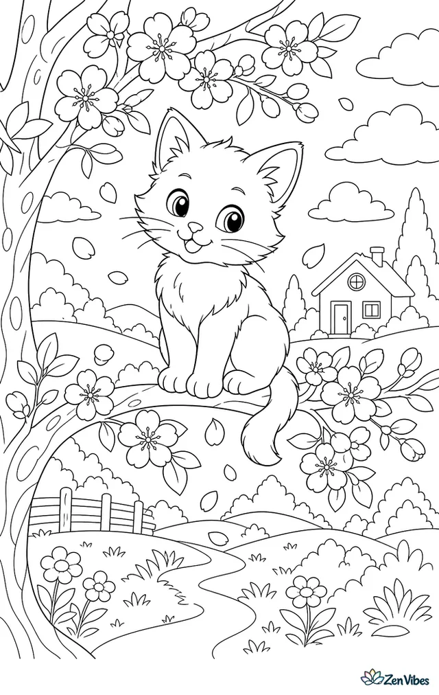 A kitten sitting on a branch covered in blossoms with petals falling