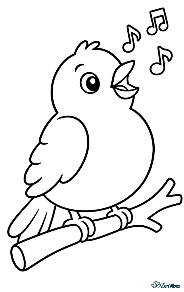 A plump canary with its beak open and a few music notes floating up, on a plain branch