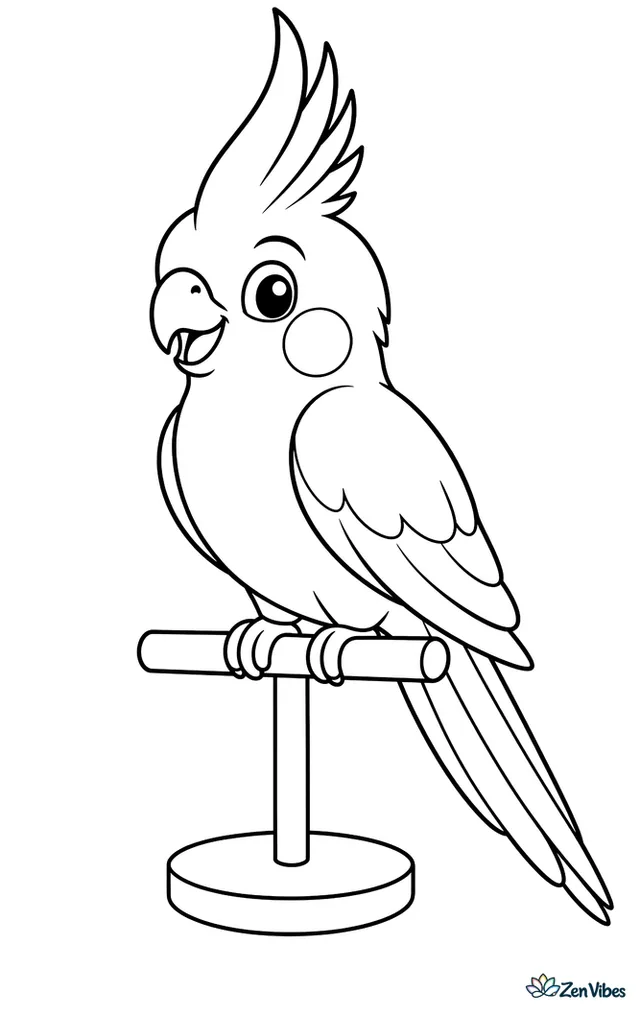 A cockatiel with its tall crest raised, round cheek patches, and a long tail, standing on a perch