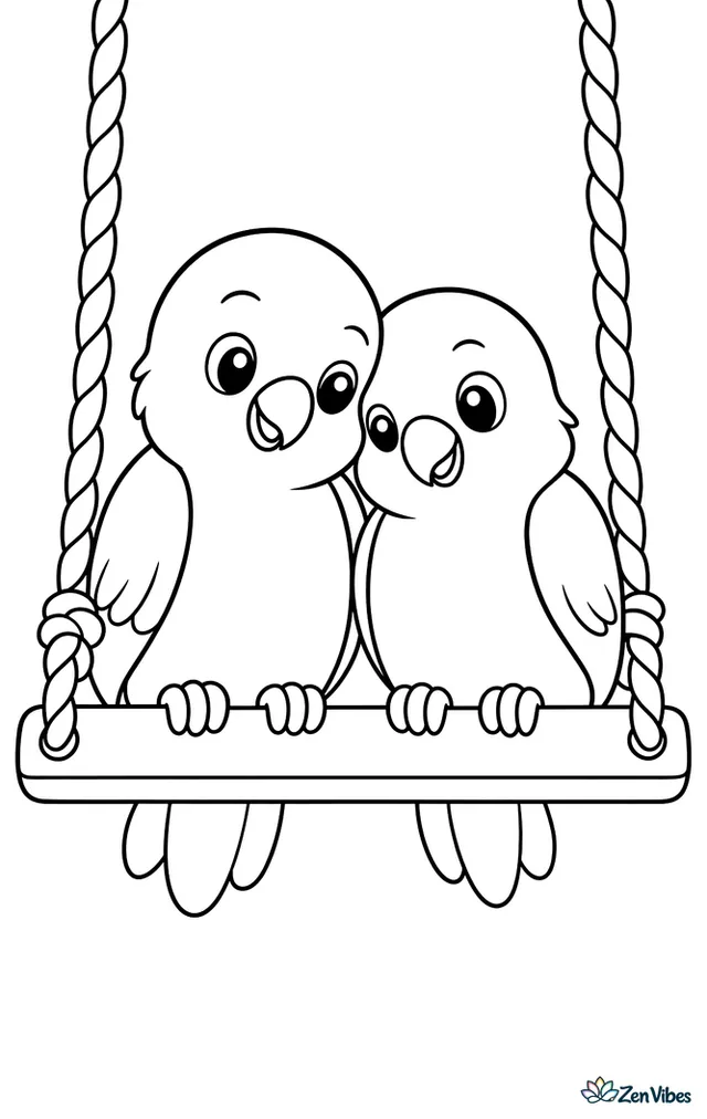 Two small lovebirds sitting close together on a swing, leaning toward each other