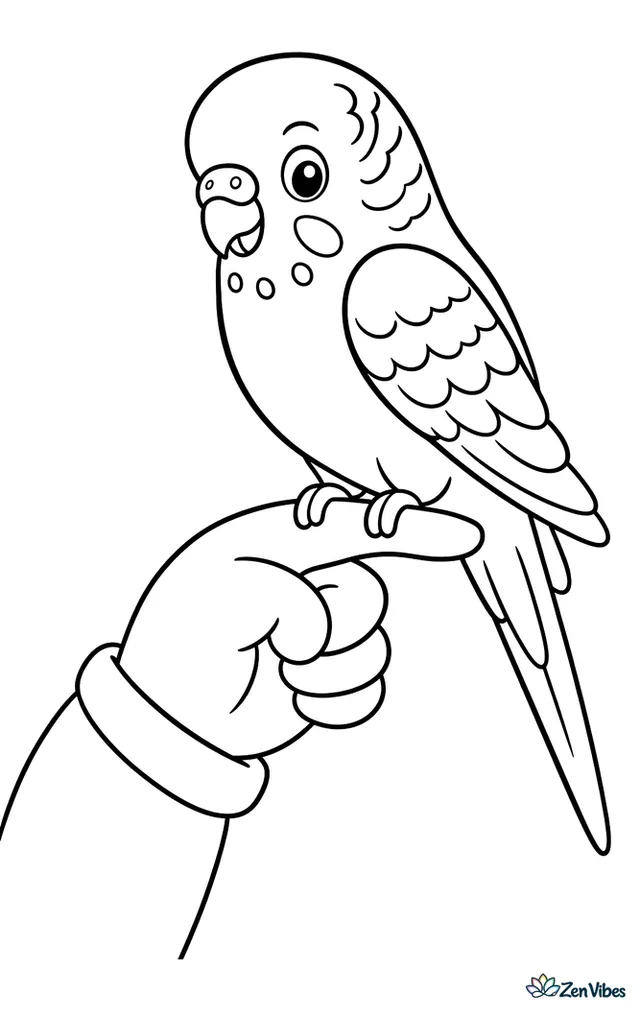 A budgie perched on a child's extended finger, with the hand and sleeve drawn simply and no background