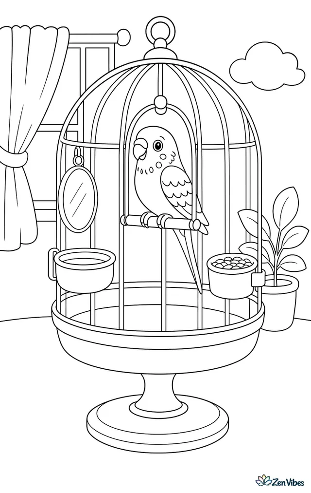 A budgie inside a round-topped cage with a swing, a water dish, a food cup, and a mirror, on a stand