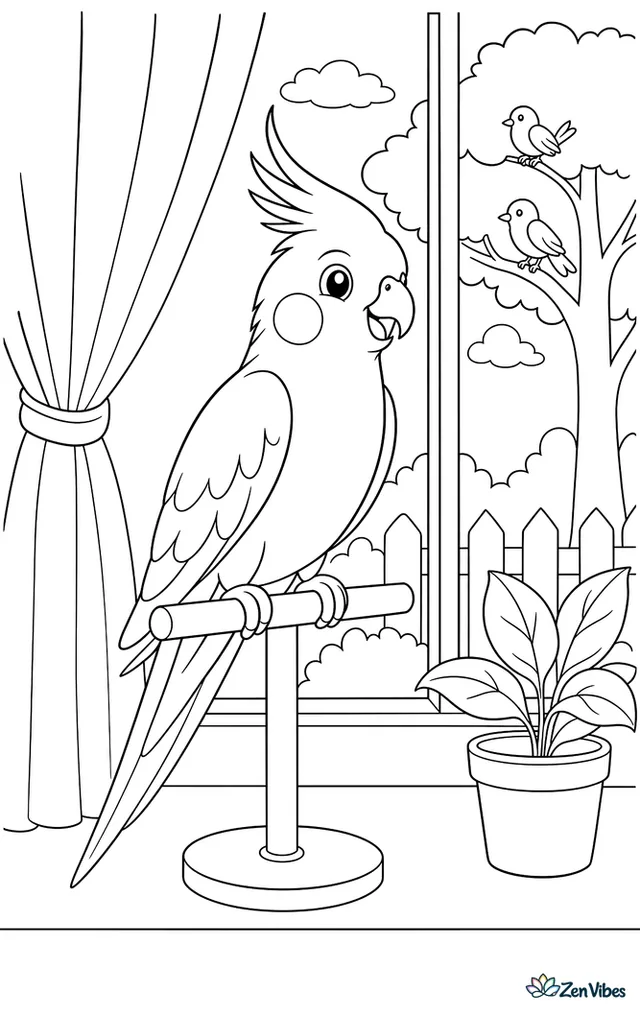 A cockatiel on a perch by a window with a curtain, a plant, and a tree with wild birds outside